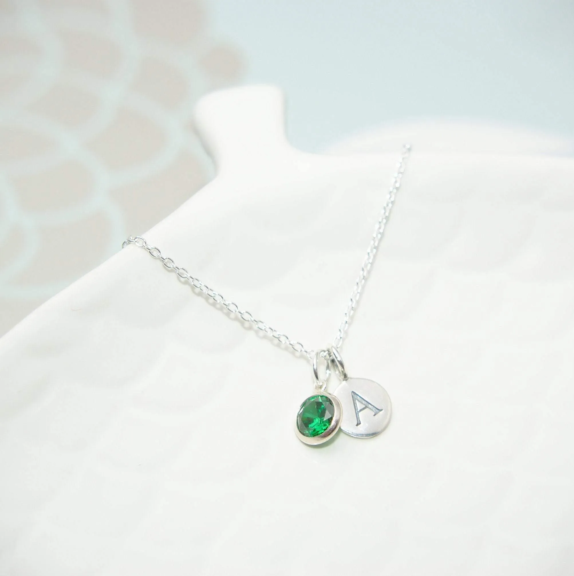 Sterling Silver Green CZ and Initial Pendant Necklace