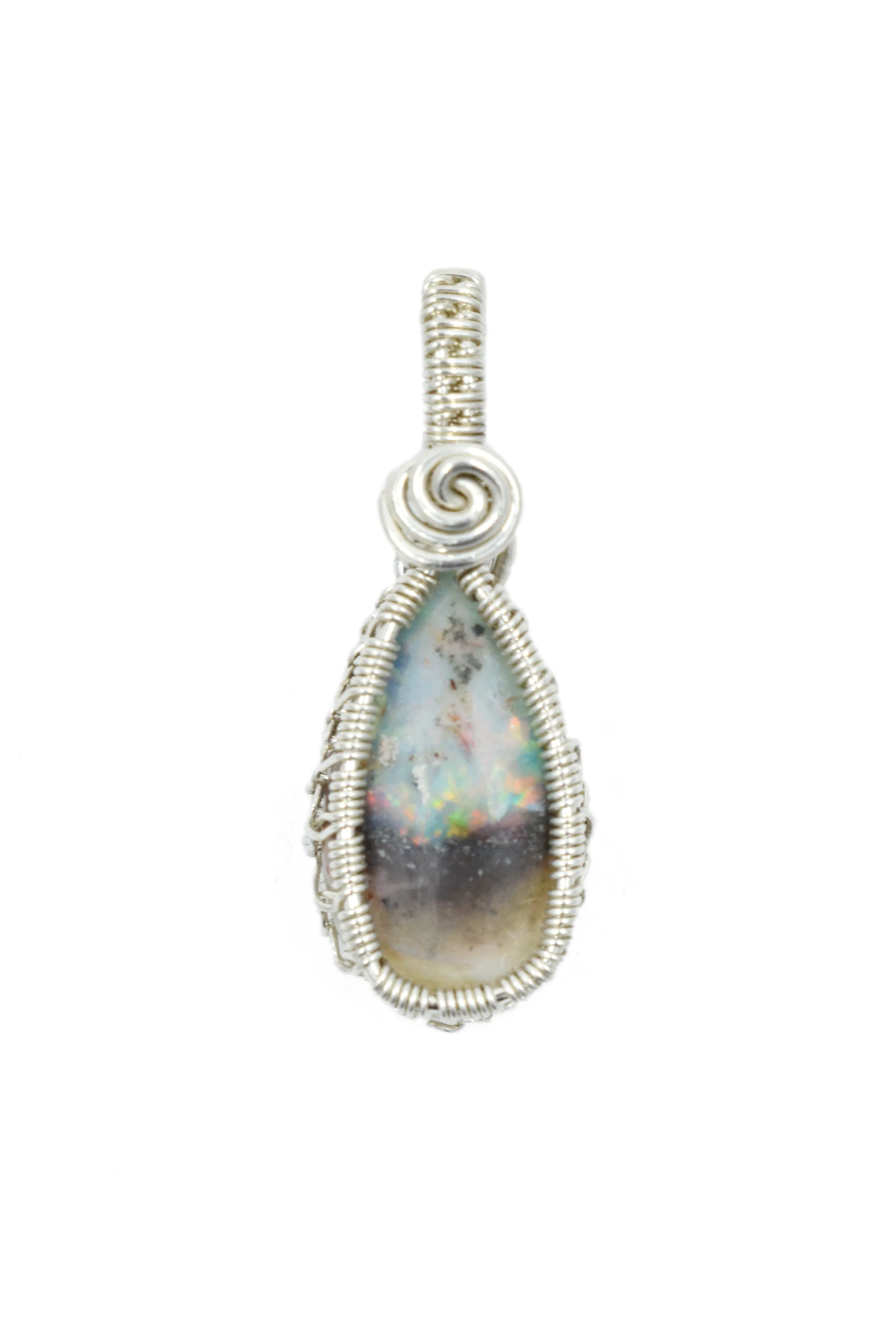 Sterling Silver Wire Wrapped Mexican Opal Necklace, Opal Jewelry