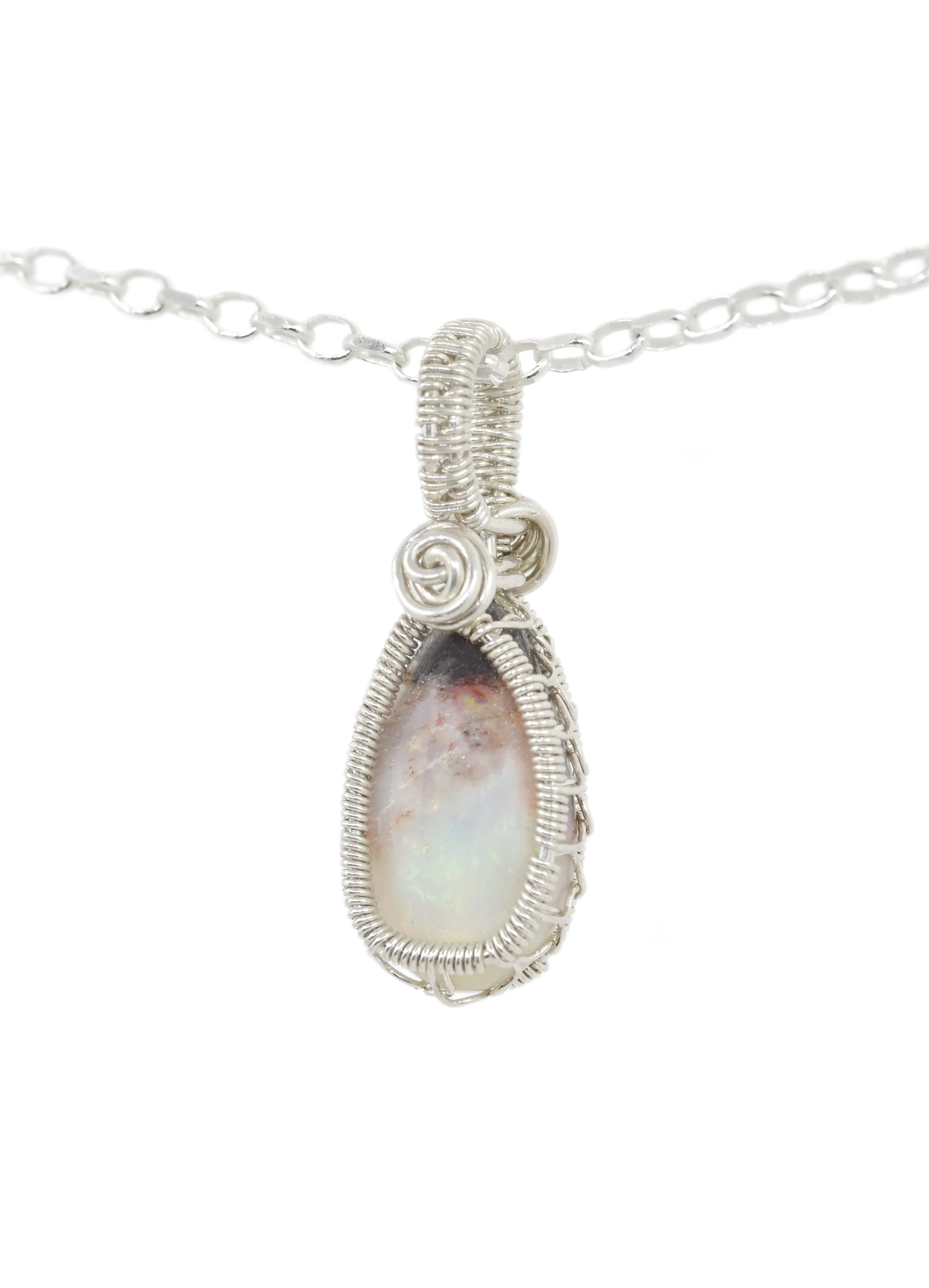 Sterling Silver Wire Wrapped Mexican Opal Necklace, Opal Jewelry
