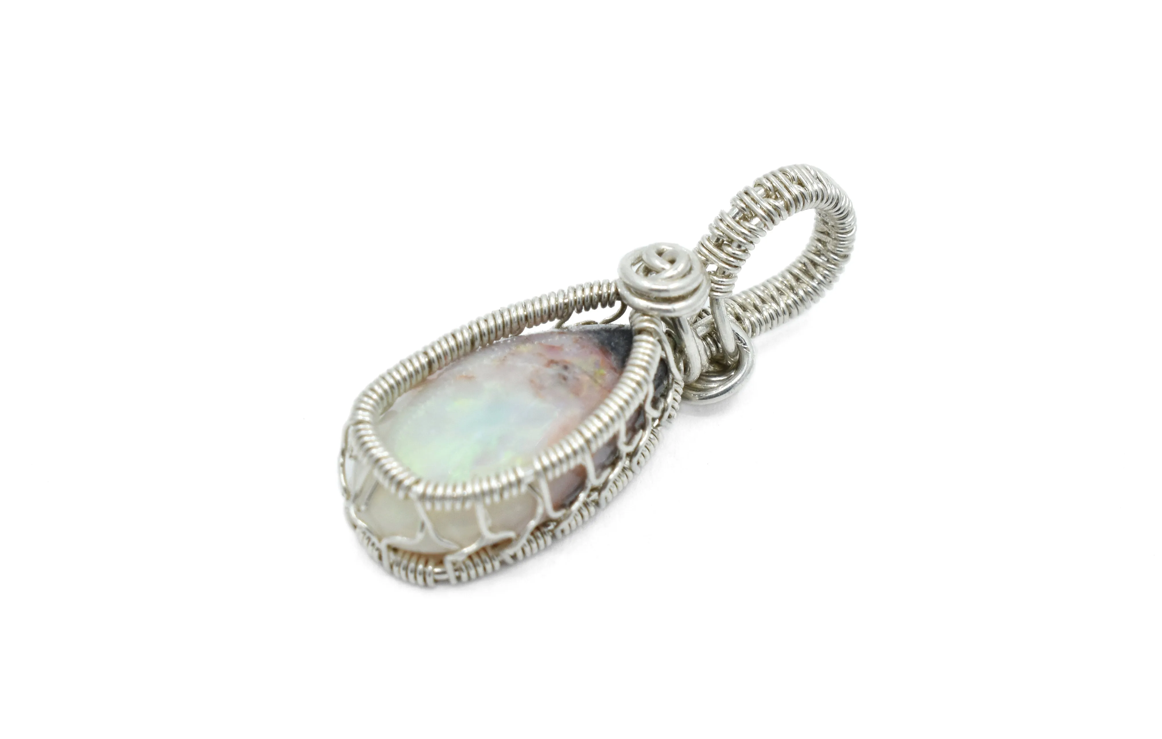 Sterling Silver Wire Wrapped Mexican Opal Necklace, Opal Jewelry