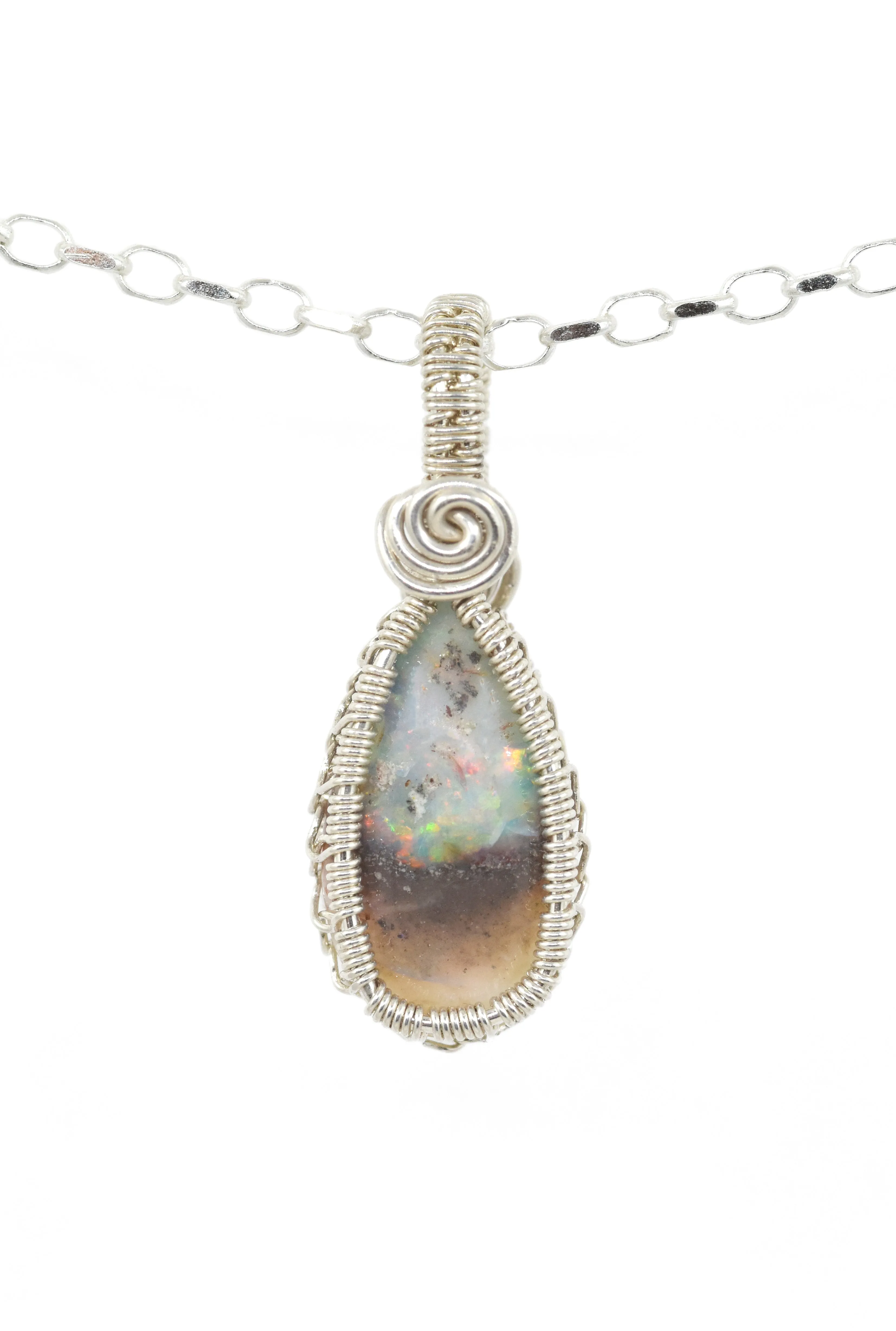 Sterling Silver Wire Wrapped Mexican Opal Necklace, Opal Jewelry