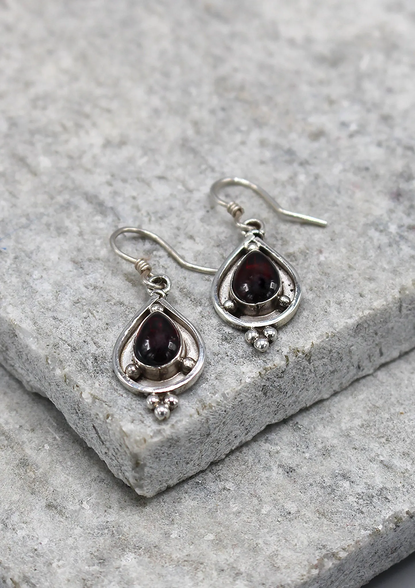 Tear Drop Garnet Inlaid Sterling Silver Earrings