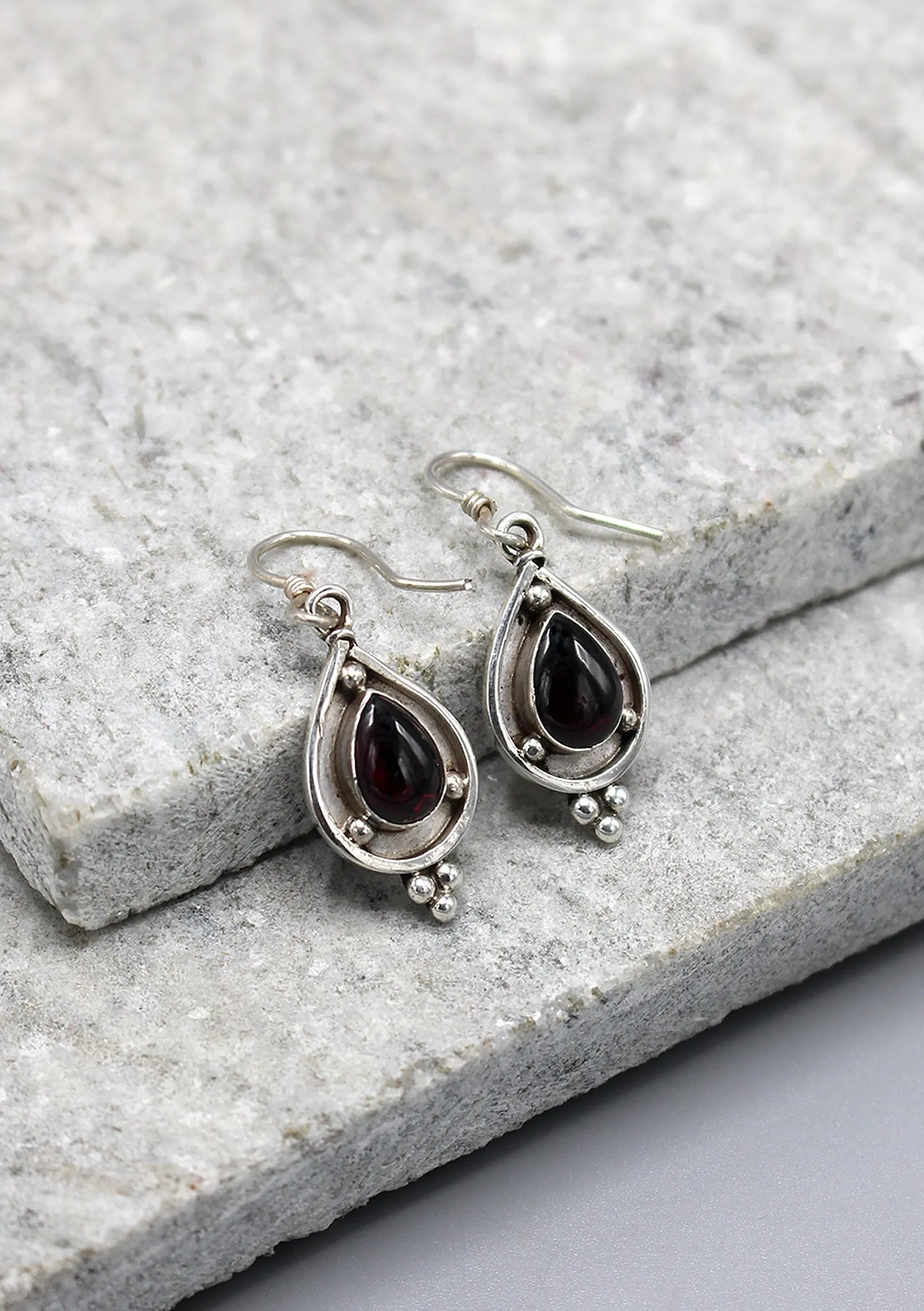 Tear Drop Garnet Inlaid Sterling Silver Earrings