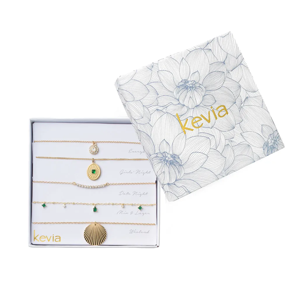 Textured Gold Charm & Green Stone Necklace Set