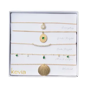 Textured Gold Charm & Green Stone Necklace Set