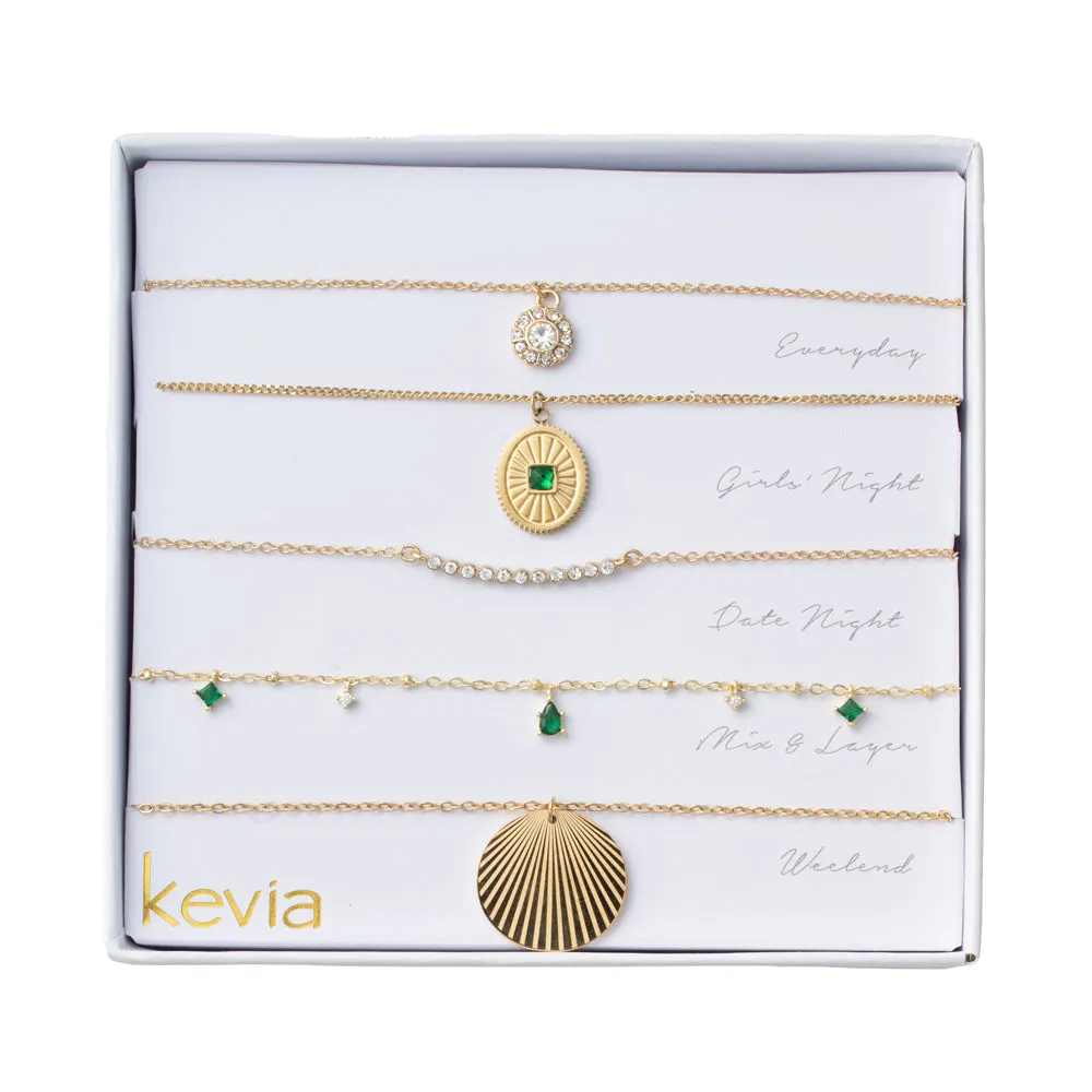 Textured Gold Charm & Green Stone Necklace Set