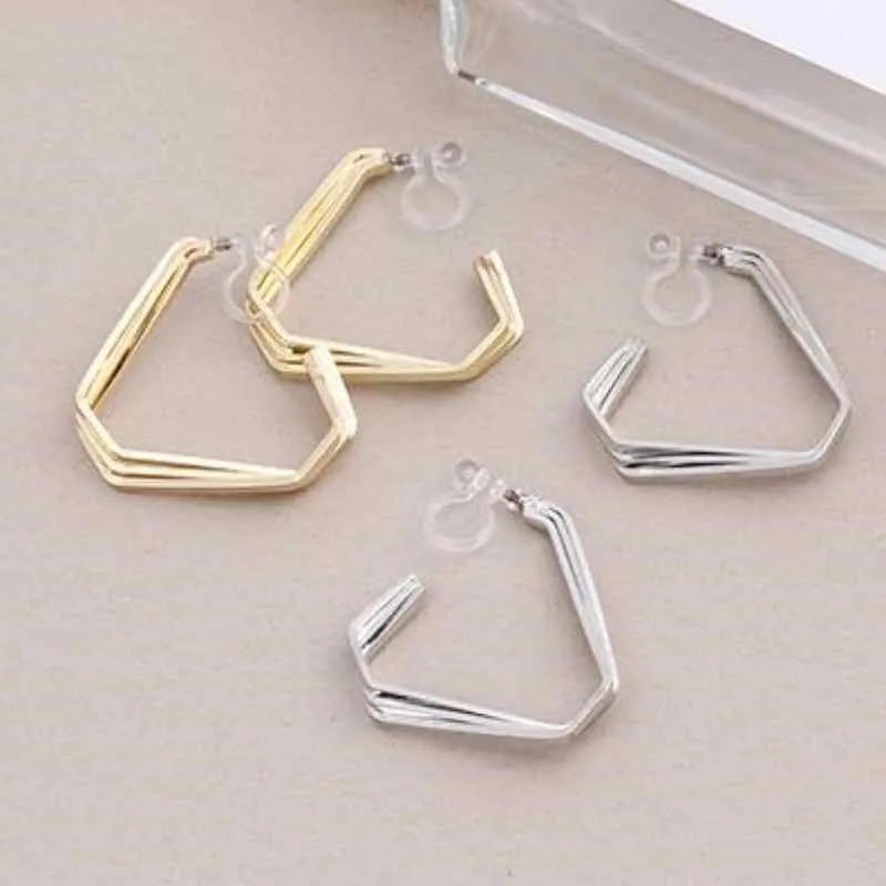 Triangle Invisible Clip On Hoop Earrings (Gold/Silver)