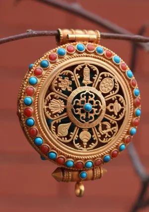 Turquoise and Coral Inlaid Goldplated Silver Sterling Astamangal Gau Pendant