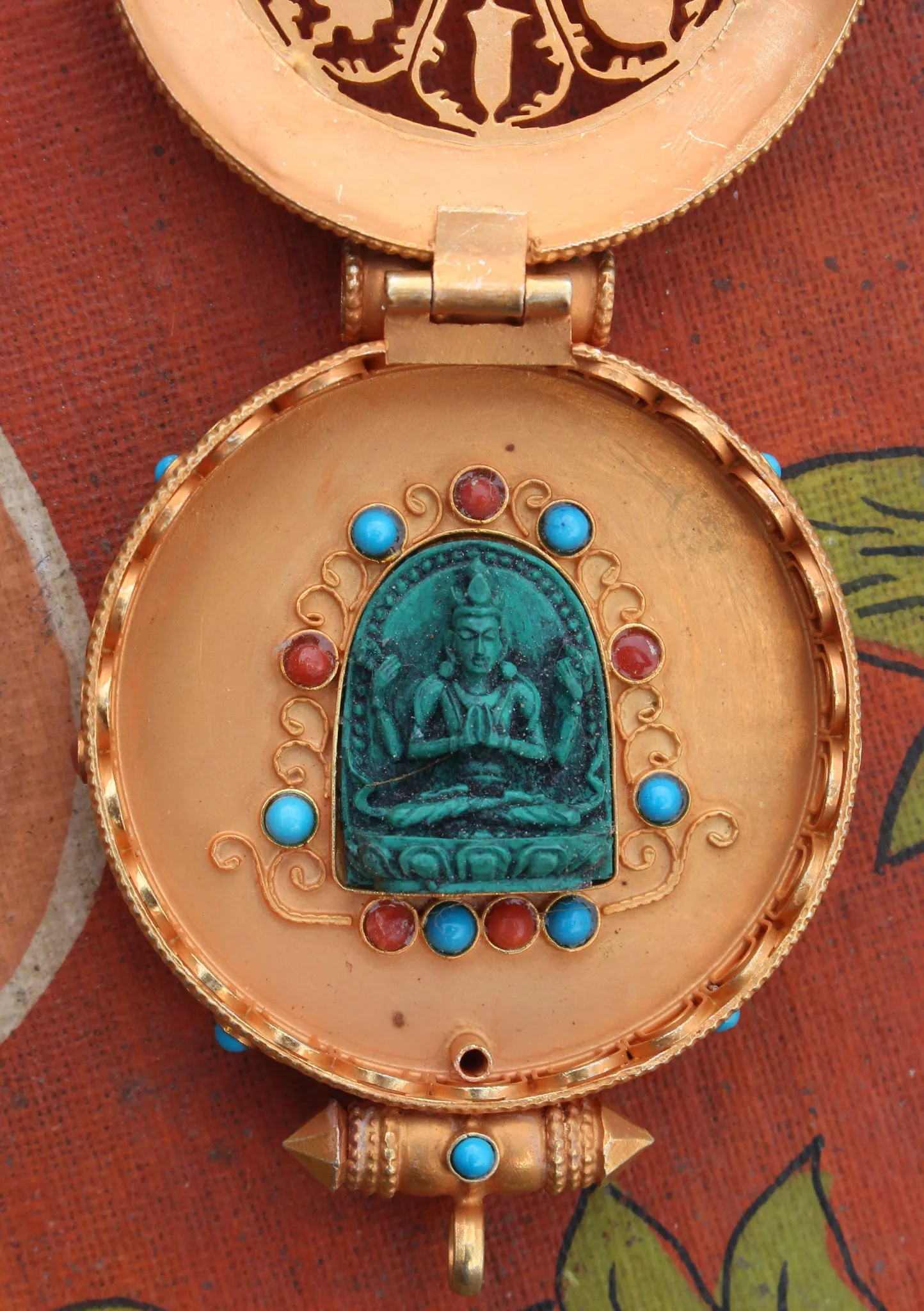 Turquoise and Coral Inlaid Goldplated Silver Sterling Astamangal Gau Pendant
