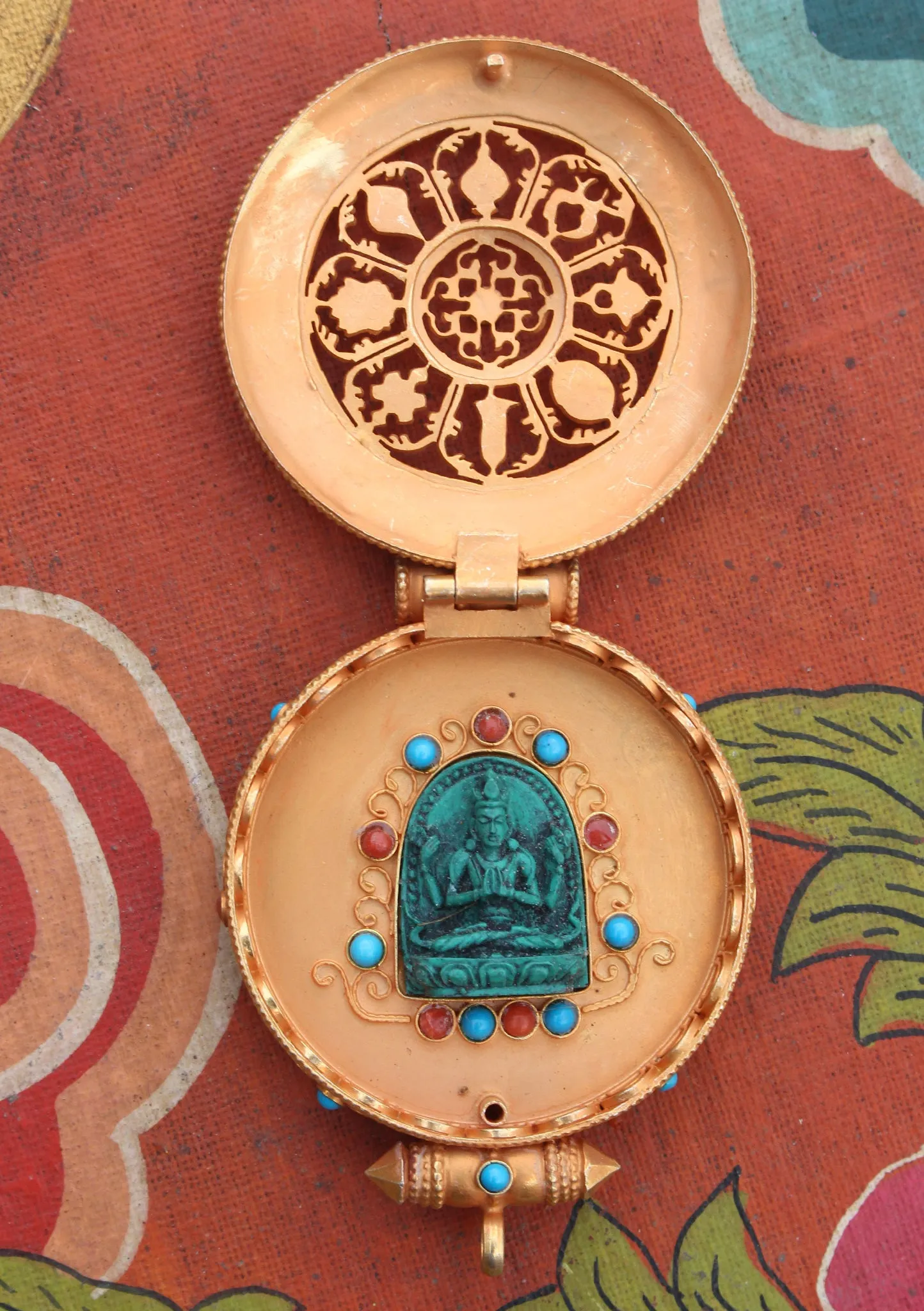 Turquoise and Coral Inlaid Goldplated Silver Sterling Astamangal Gau Pendant
