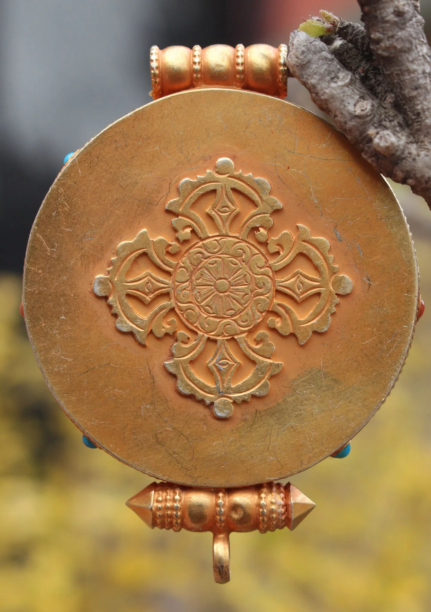 Turquoise and Coral Inlaid Goldplated Silver Sterling Astamangal Gau Pendant