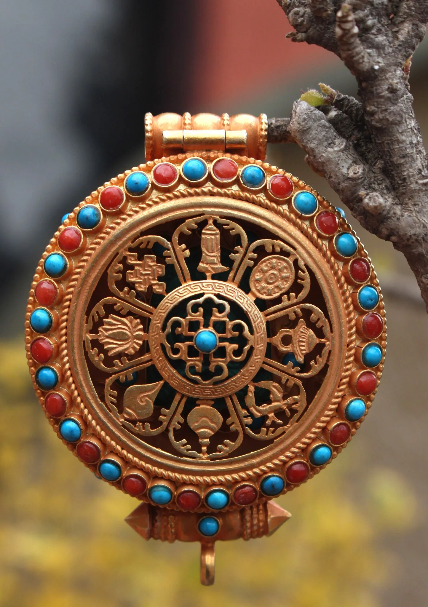 Turquoise and Coral Inlaid Goldplated Silver Sterling Astamangal Gau Pendant
