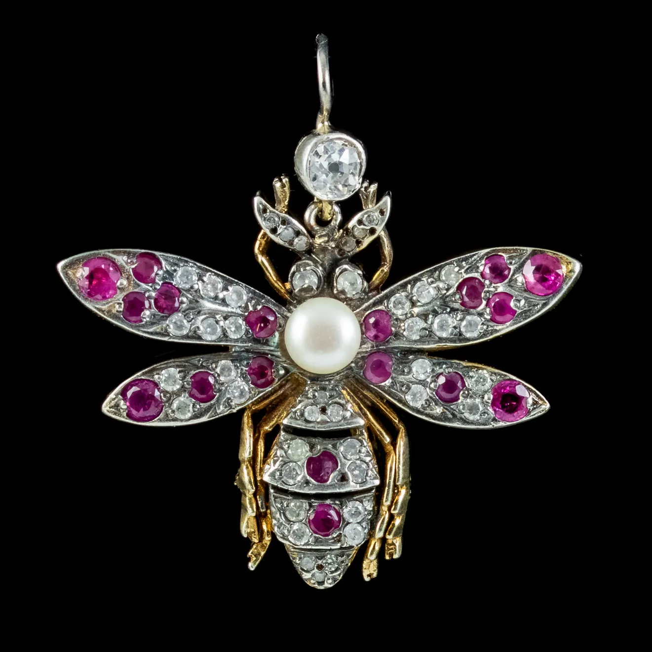 Victorian Style Diamond Ruby Pearl Insect Earrings Boxed