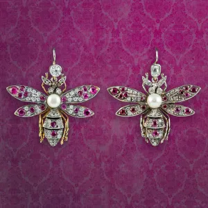 Victorian Style Diamond Ruby Pearl Insect Earrings Boxed