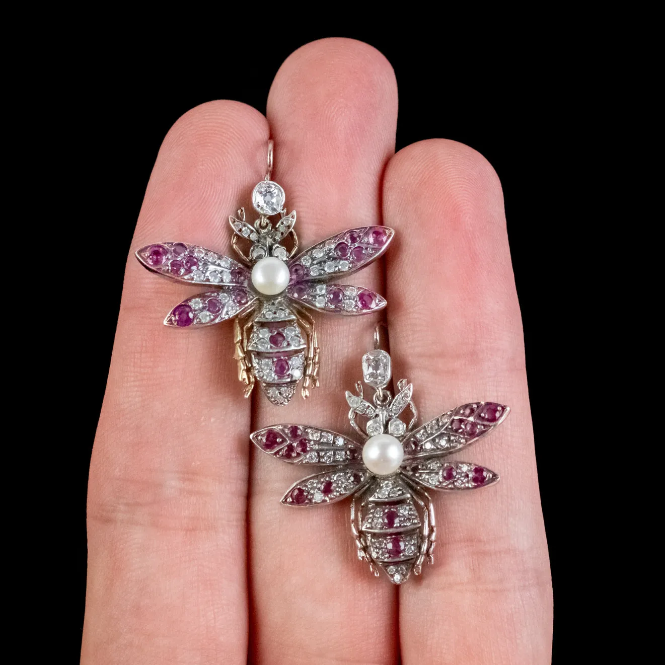 Victorian Style Diamond Ruby Pearl Insect Earrings Boxed