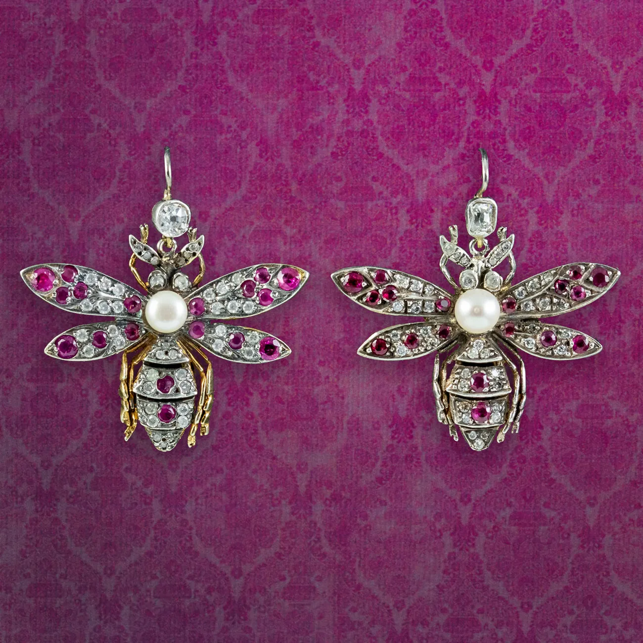 Victorian Style Diamond Ruby Pearl Insect Earrings Boxed