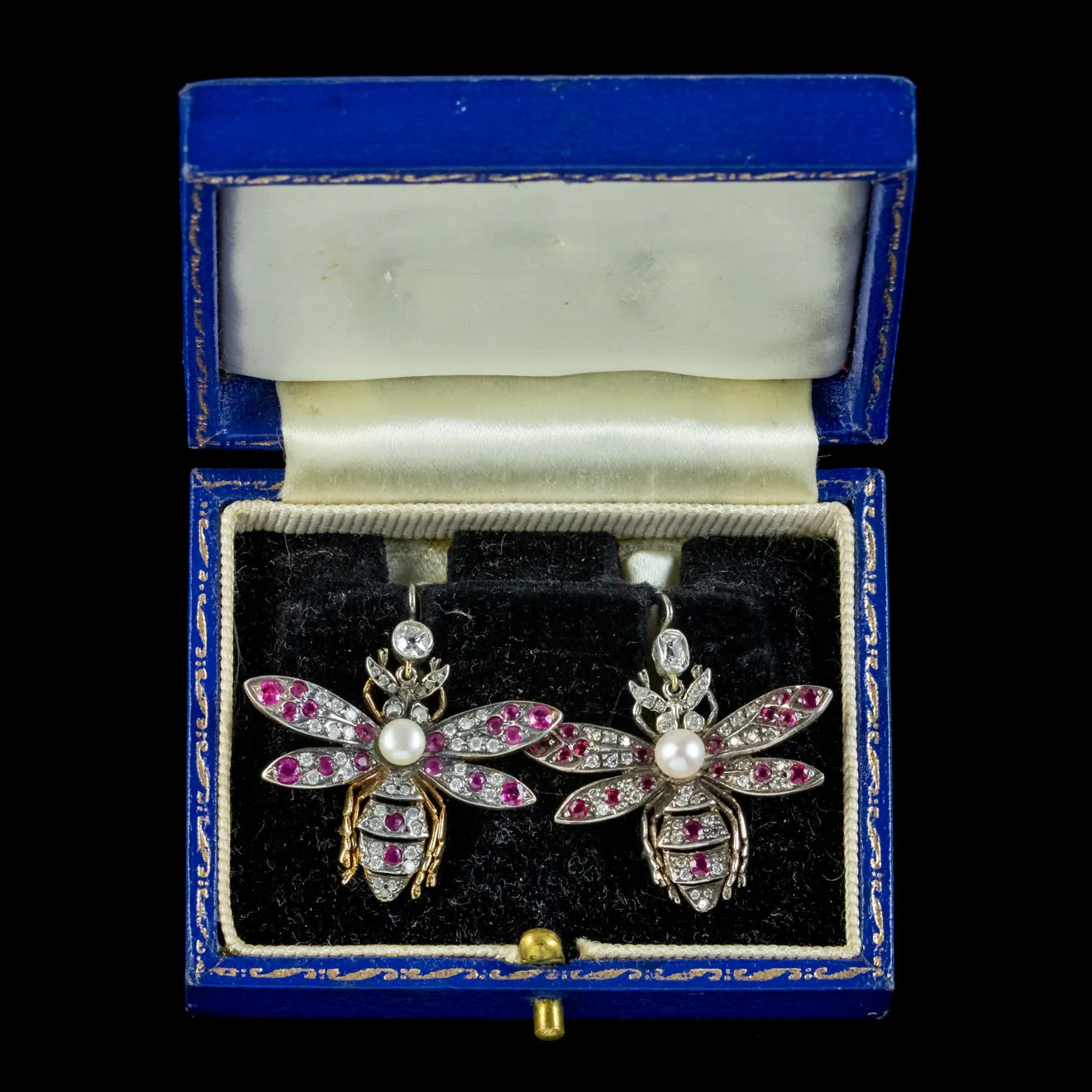 Victorian Style Diamond Ruby Pearl Insect Earrings Boxed
