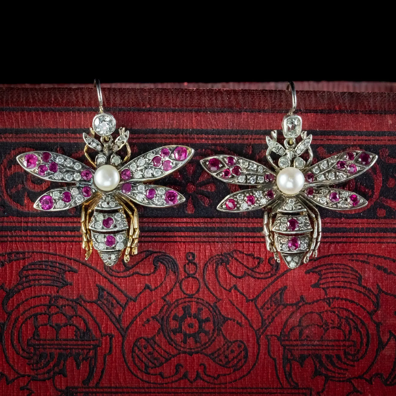 Victorian Style Diamond Ruby Pearl Insect Earrings Boxed