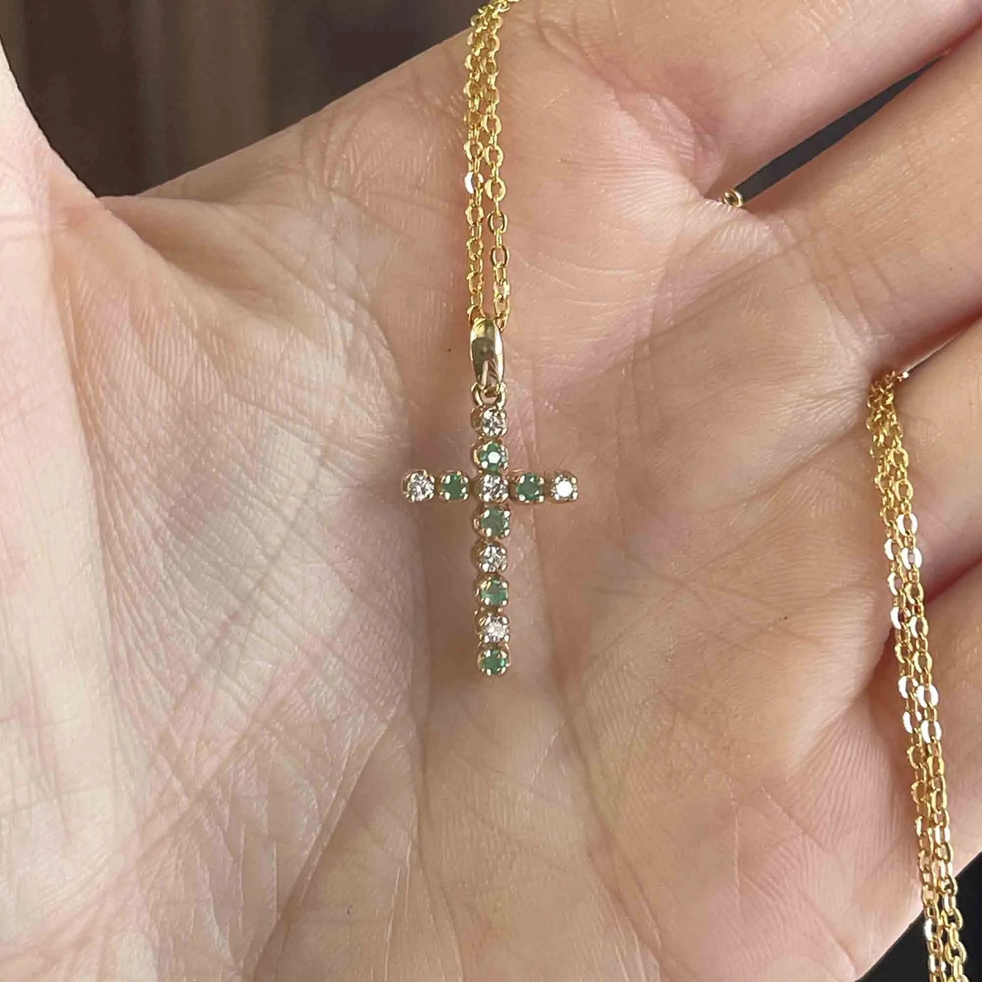 Vintage 14K Gold Diamond Emerald Cross Pendant Necklace
