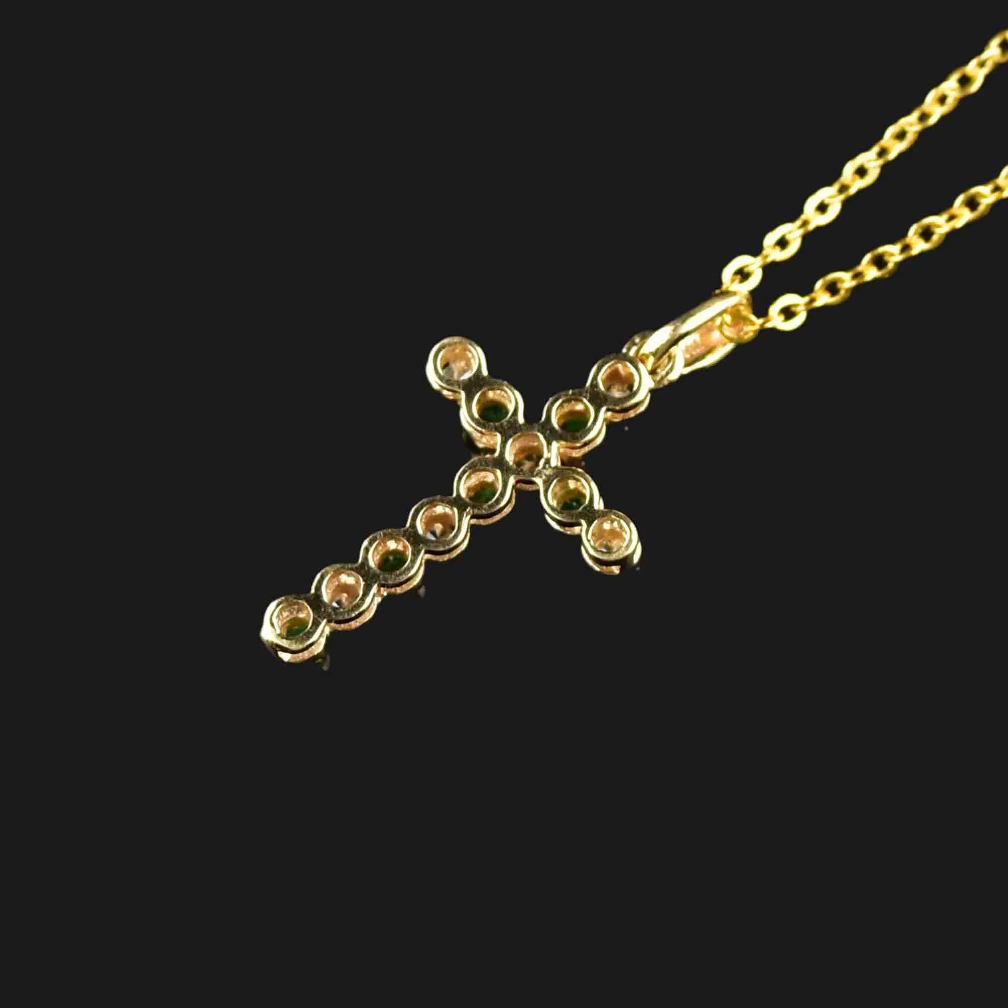Vintage 14K Gold Diamond Emerald Cross Pendant Necklace