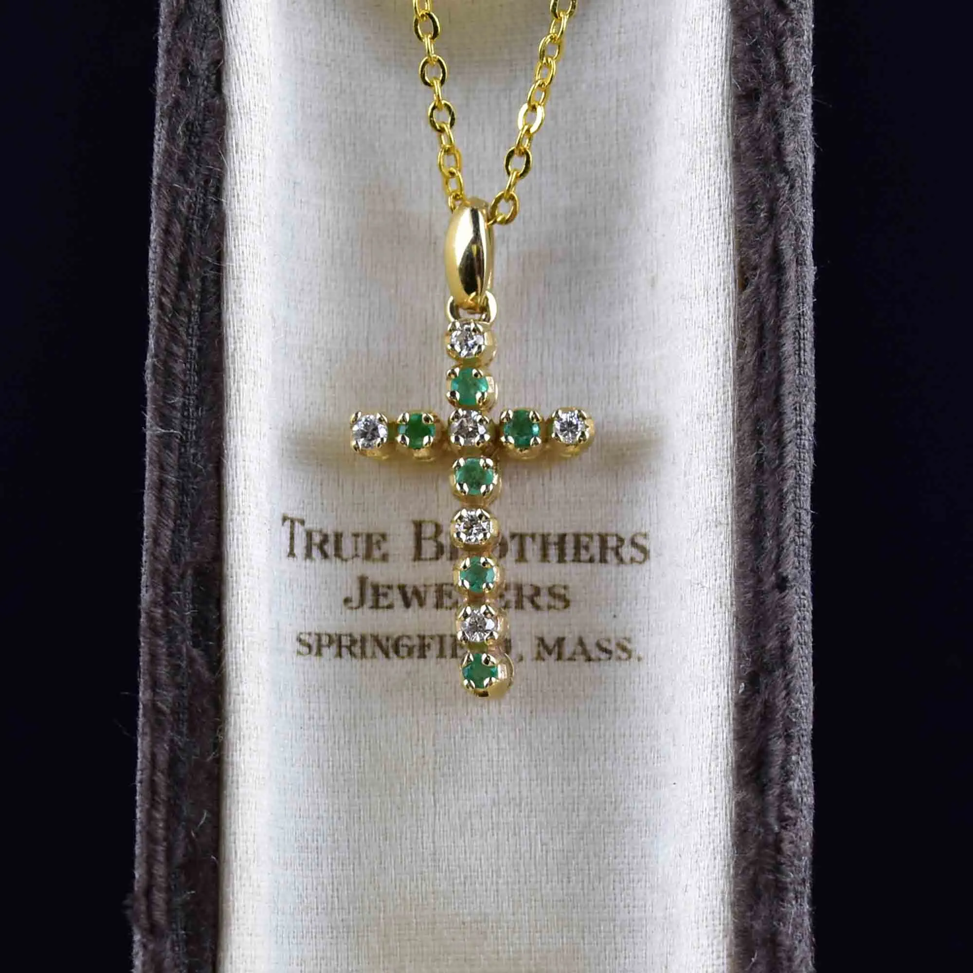 Vintage 14K Gold Diamond Emerald Cross Pendant Necklace