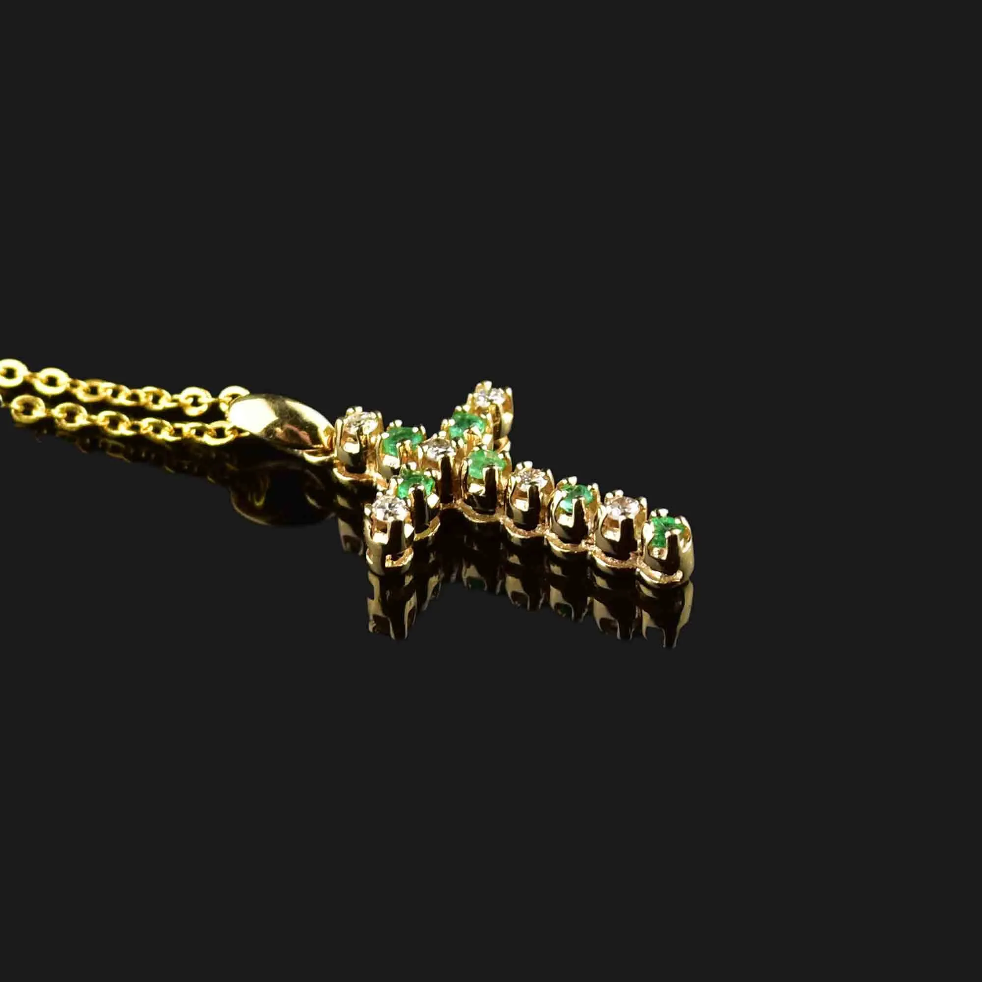Vintage 14K Gold Diamond Emerald Cross Pendant Necklace