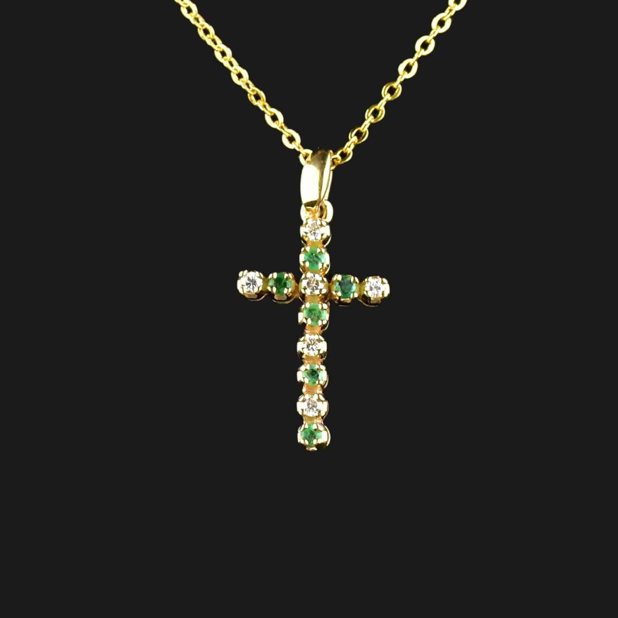 Vintage 14K Gold Diamond Emerald Cross Pendant Necklace