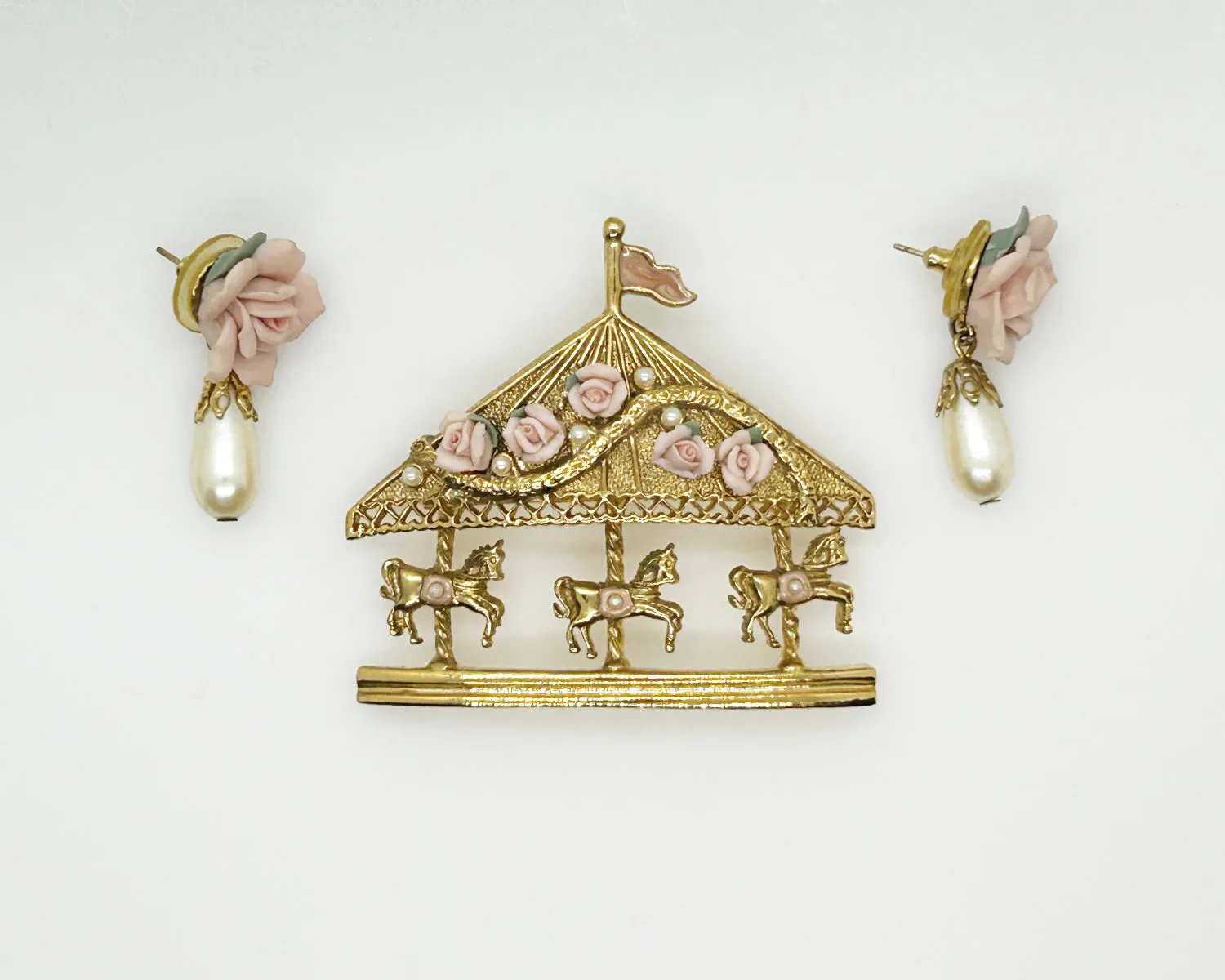 Vintage Denton Bone China Carousel Brooch and Earrings