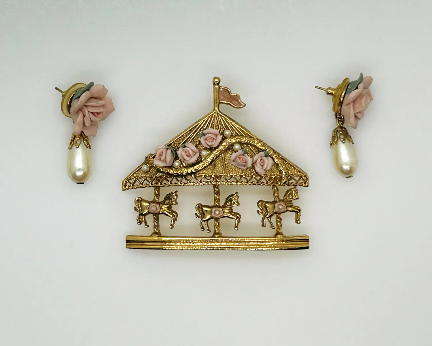 Vintage Denton Bone China Carousel Brooch and Earrings