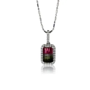 Watermelon Tourmaline and Diamond Halo Pendant