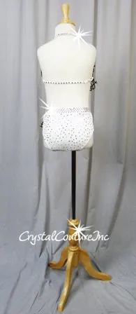 White Bra Top & Trunks with Black Netting - Swarovski Rhinestones