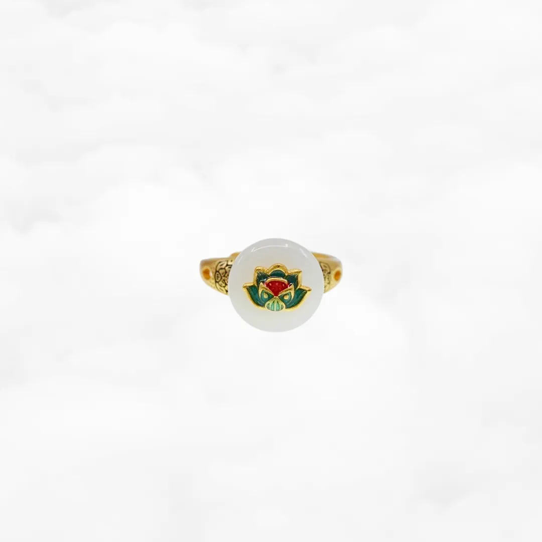 White Jade Auspicious Lotus Ring