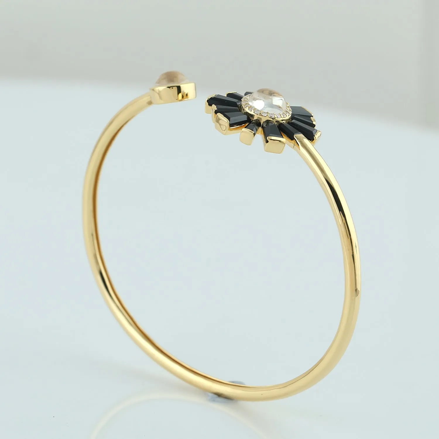 Yellow Gold Bezel Set Moonstone Baguette Spinel Pave Diamond Sunburst Open Cuff Bracelet