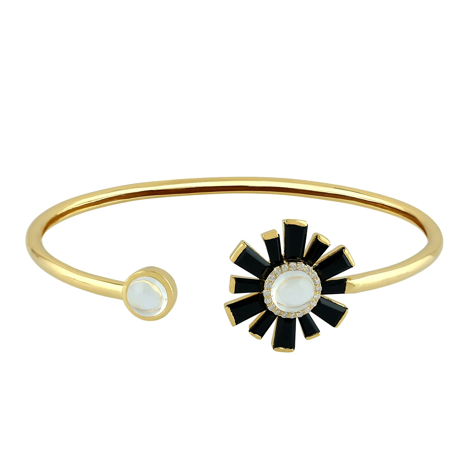 Yellow Gold Bezel Set Moonstone Baguette Spinel Pave Diamond Sunburst Open Cuff Bracelet